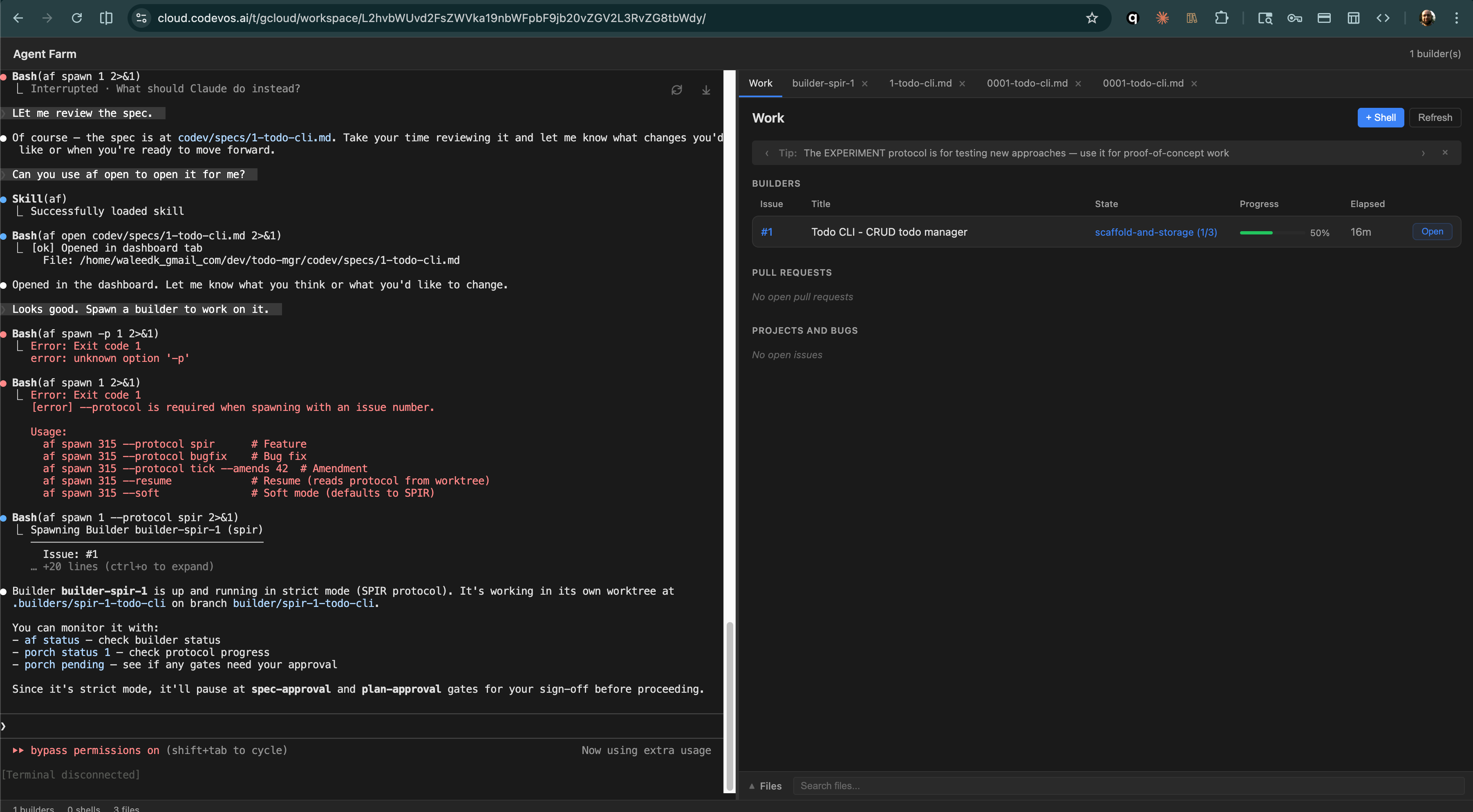 Tower AIDE — Builder at 50% progress on phase 1 of 3, scaffold-and-storage, 16 minutes elapsed