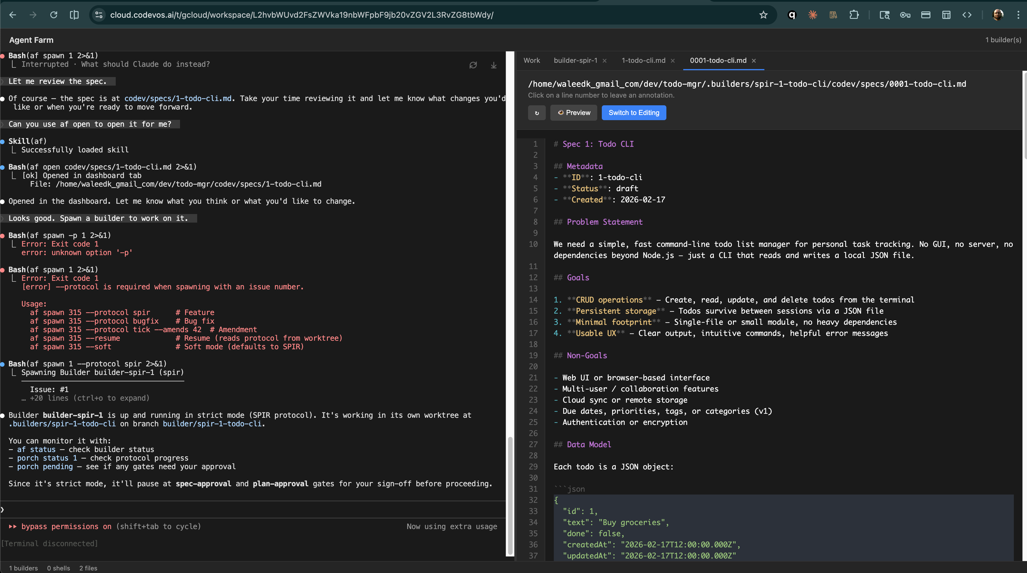 Tower AIDE — Updated spec open for review with Goals, Non-Goals, and Data Model visible